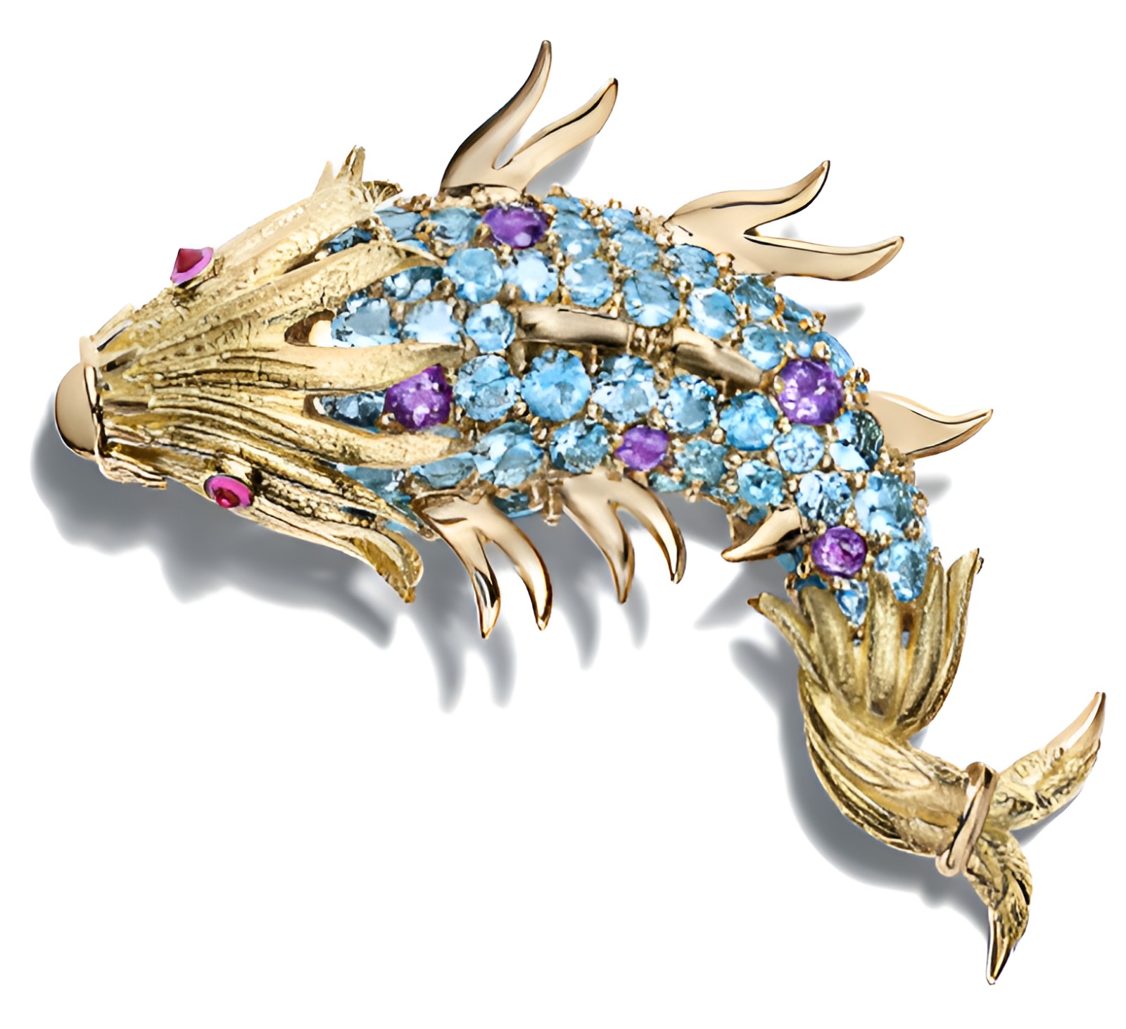 Broche de oro amarillo con aguamarinas, amatistas y zafiros rosas